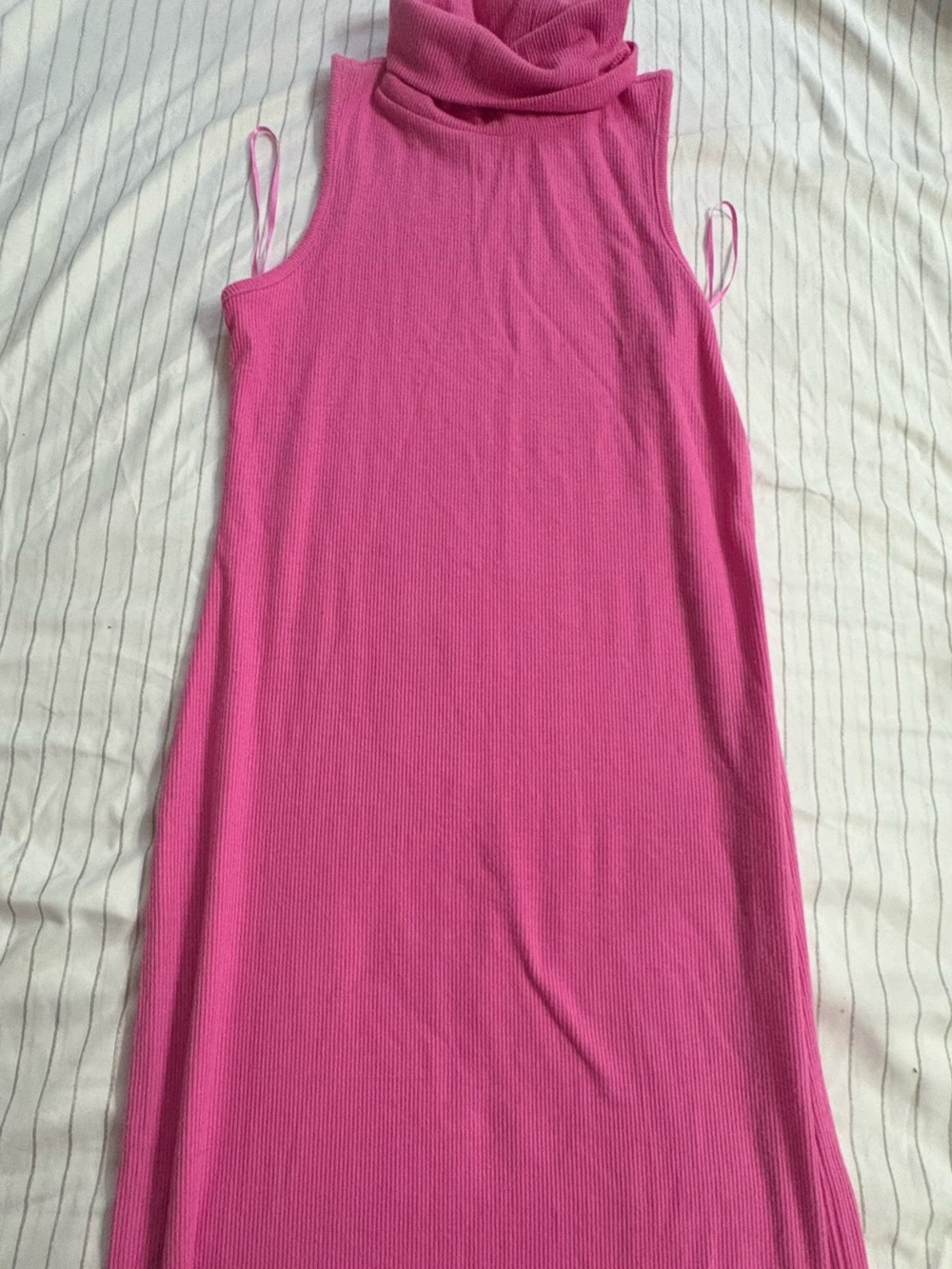 long Sleeveless Pink Turtleneck Knit Dress  /